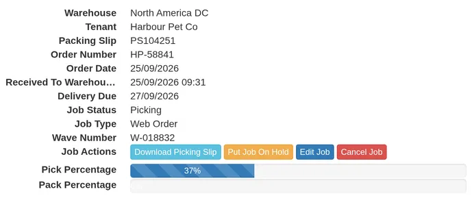 Client portal shipment details for packing slip PS104251: job status Picking, wave W-018832, job actions, and pick and pack percentages