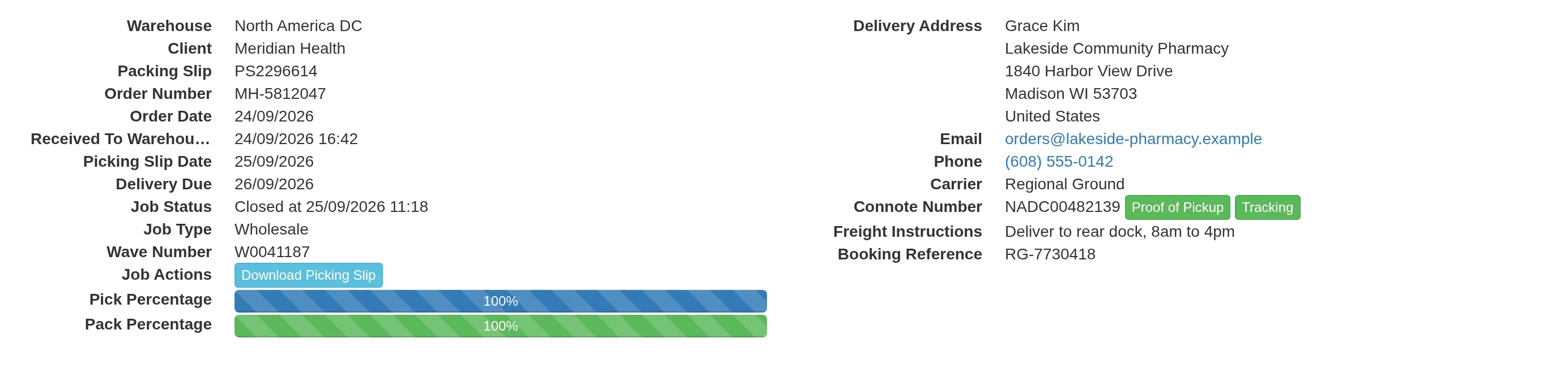 Client portal shipment details: a closed order with pick and pack at 100%, delivery address, carrier, connote with proof of pickup and tracking