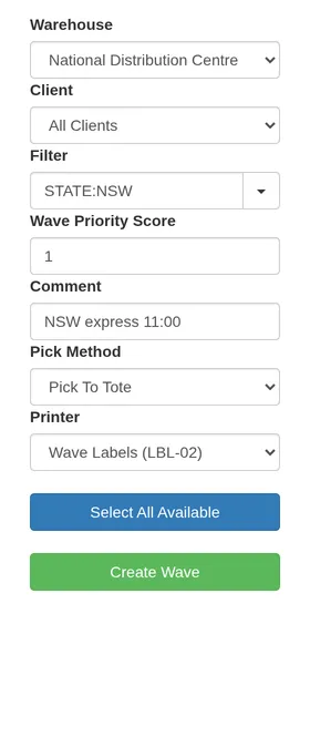 Wave Builder controls: warehouse, client, a state filter, wave priority score, comment, pick method and label printer, with Select All Available and Create Wave