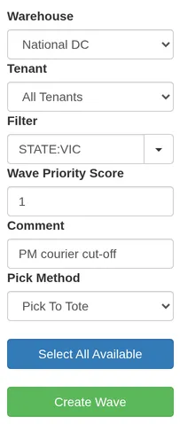 Wave Builder controls: warehouse, client, filter, wave priority score and comment