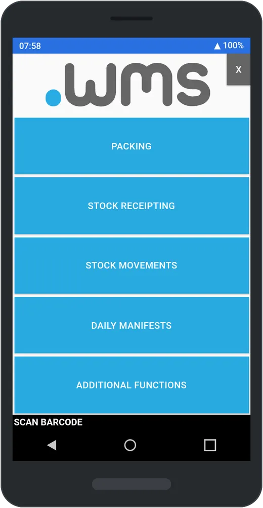 The .wms handheld main menu: Packing, Stock Receipting, Stock Movements, Daily Manifests and Additional Functions, with the scan barcode strip