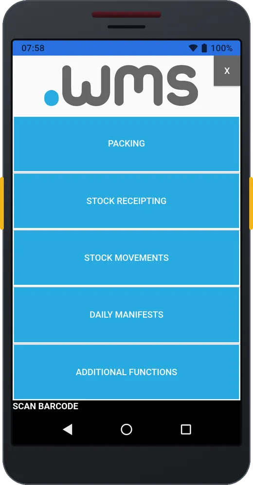 The .wms handheld main menu: Packing, Stock Receipting, Stock Movements, Daily Manifests and Additional Functions, over the scan barcode strip