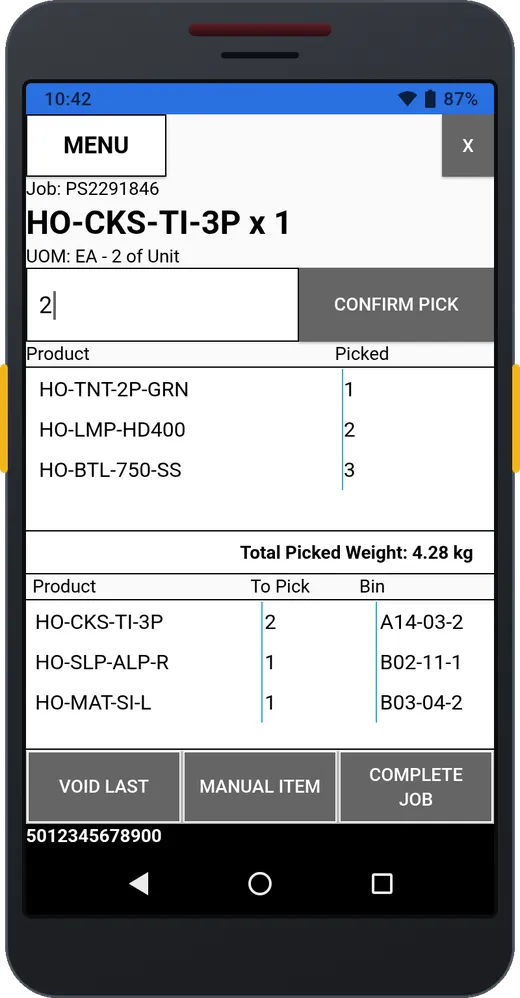 Handheld pick screen: the scanned product and count, Confirm Pick, the lines picked with total weight, and the lines left to pick with their bins