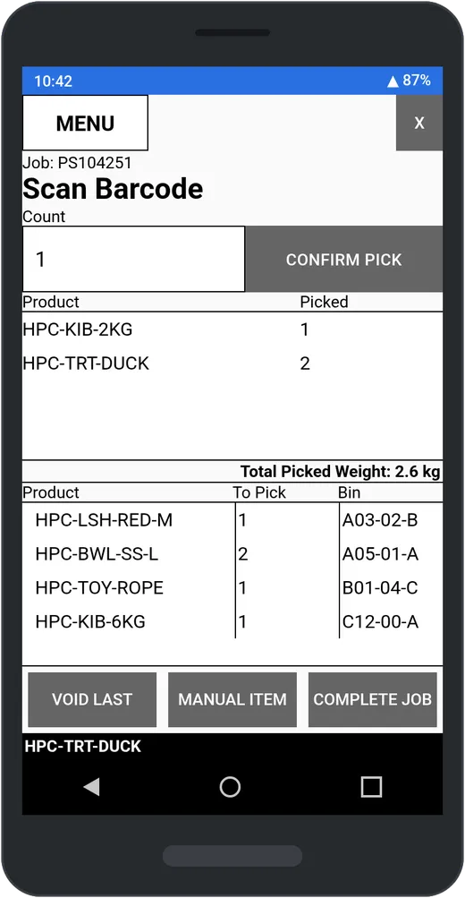 Handheld pick screen: scan barcode, confirm the pick, and the products left to pick with their bins