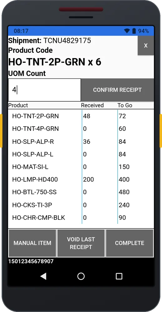 Handheld stock receipt: the shipment, the scanned product with its unit of measure count, Confirm Receipt, and each product's quantity received and to go