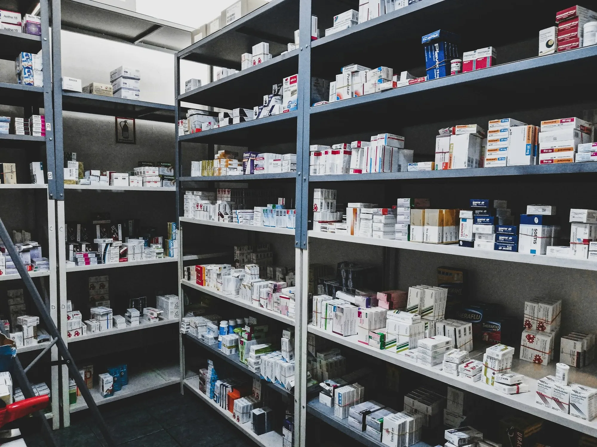 Shelving stocked with medical supplies
