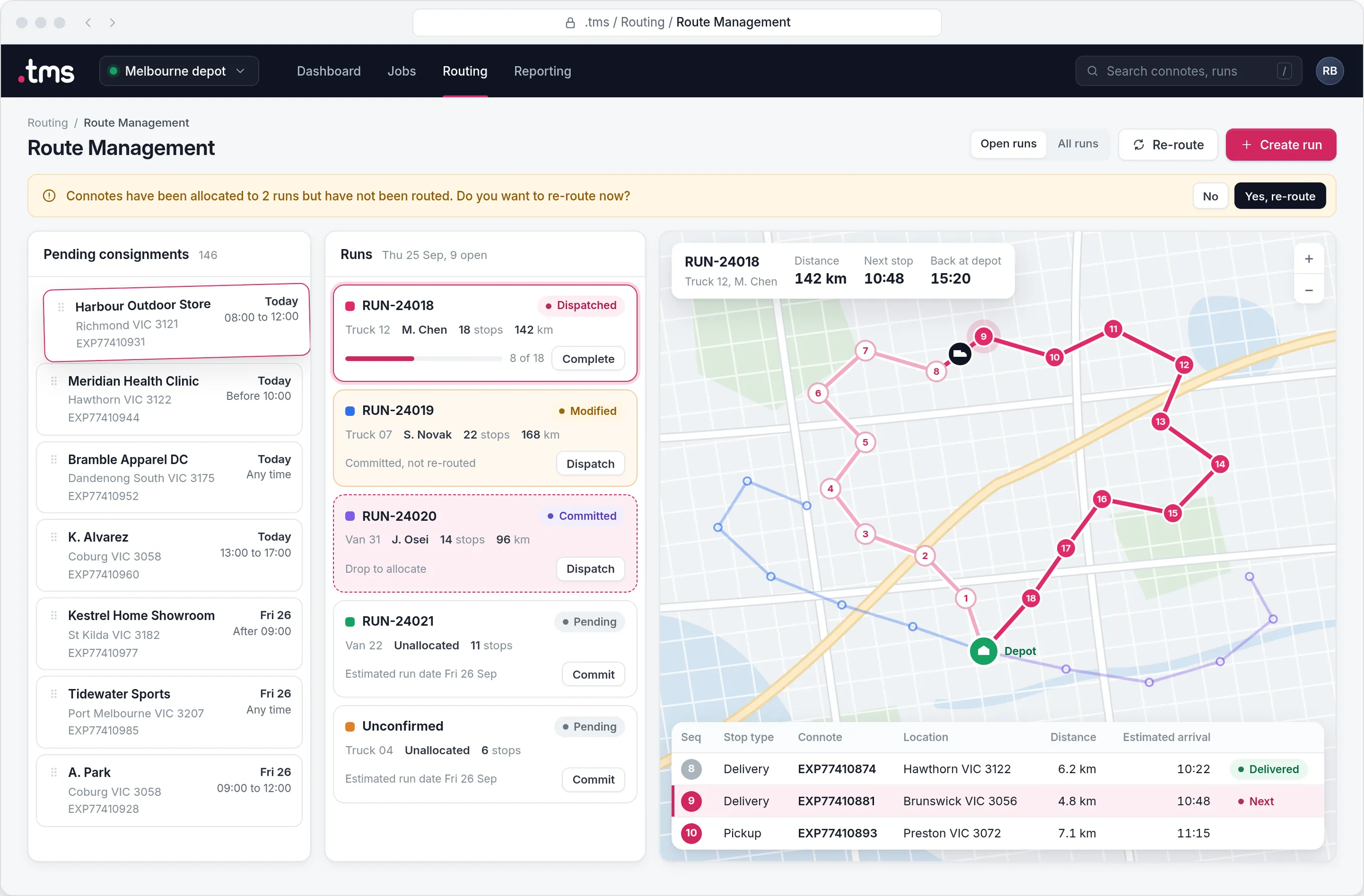 Route Management in .tms: pending consignments with receiver, connote and delivery window, runs with vehicle, driver, stops and status, and the selected run on a map with numbered stops and estimated arrivals