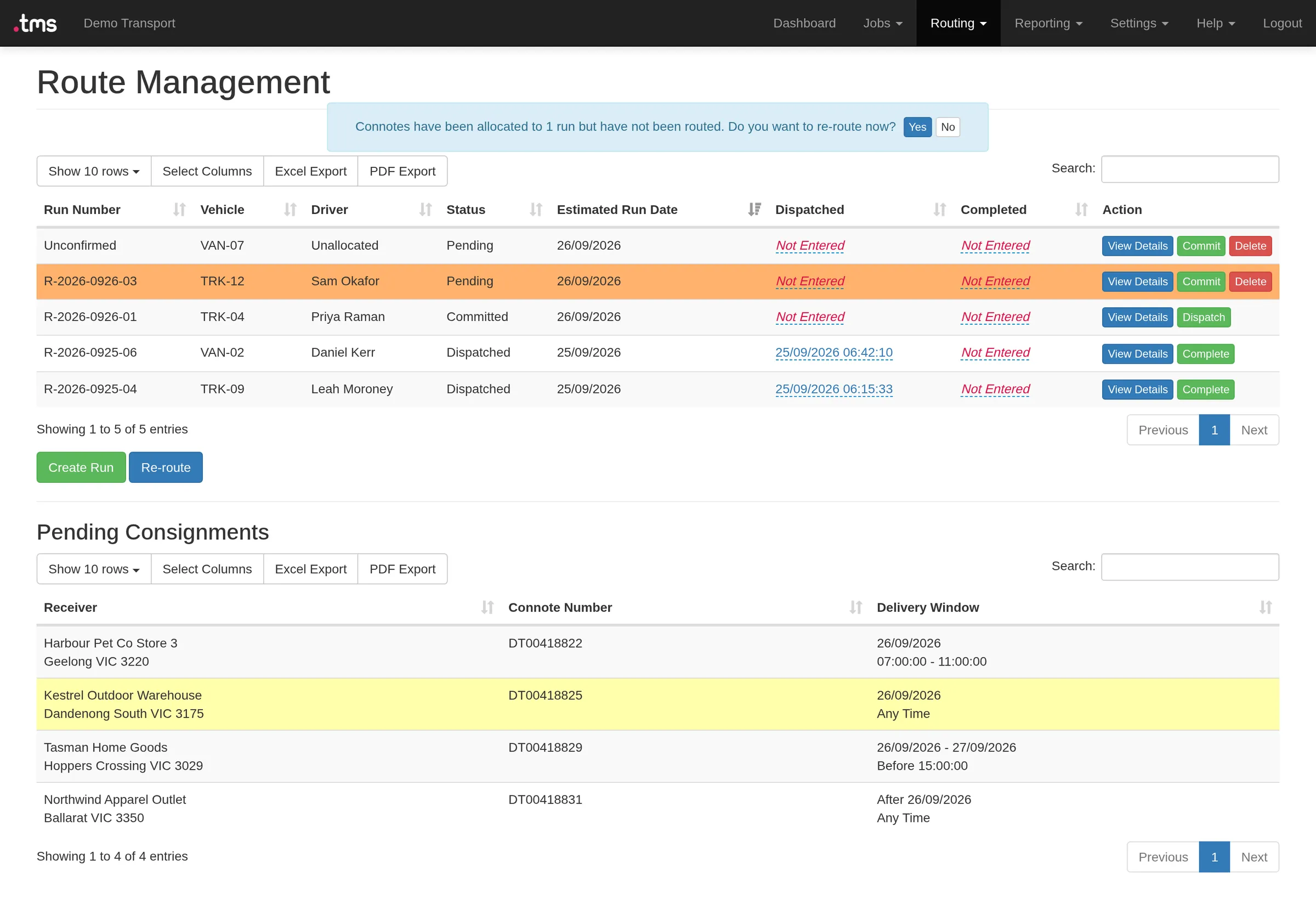 Route Management in .tms: open runs with vehicle, driver and status, and pending consignments with receiver, connote and delivery window