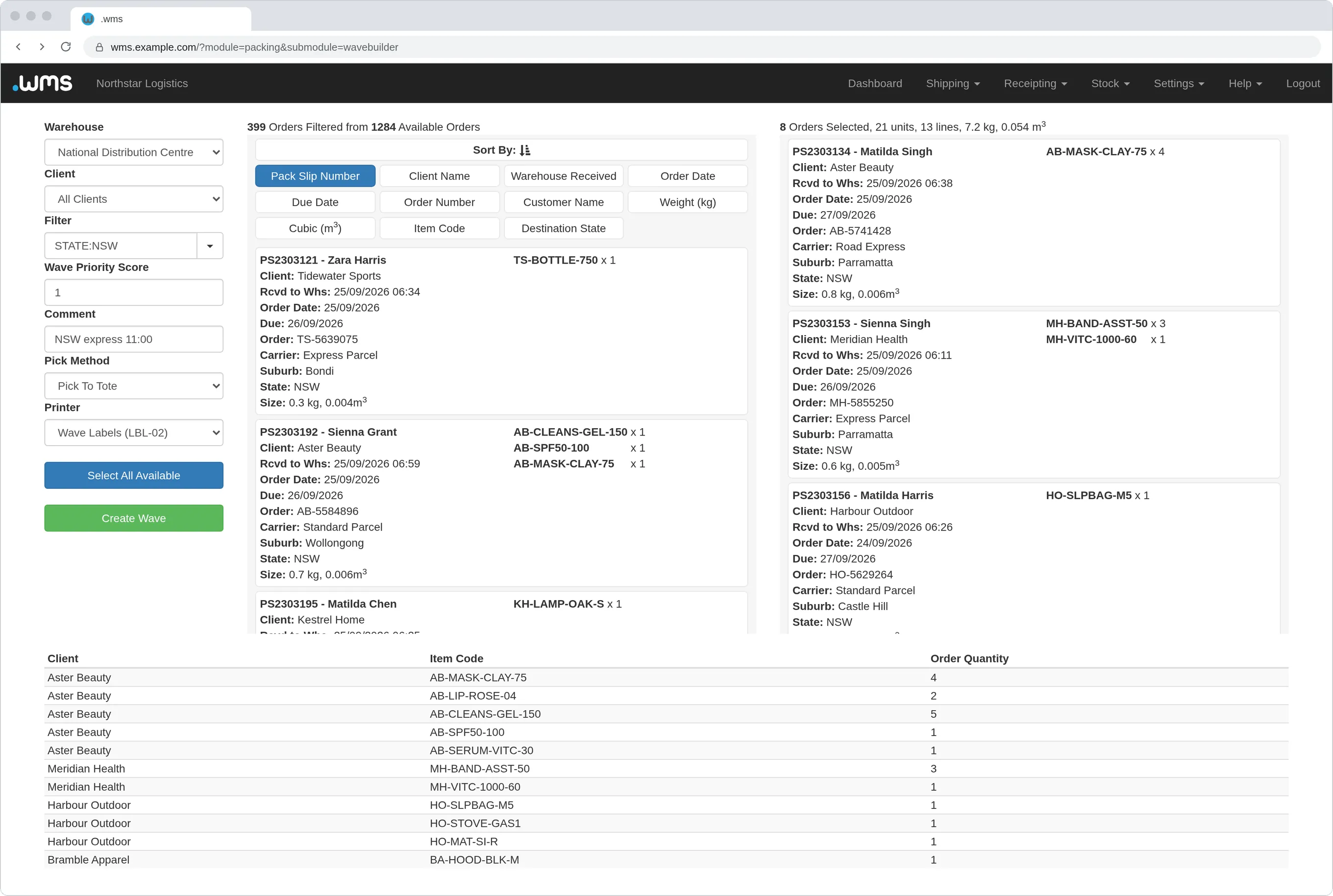 Wave Builder in .wms: the National Distribution Center with all clients and a state filter, the filtered order pool, and 8 orders selected with their units, lines, weight and cube